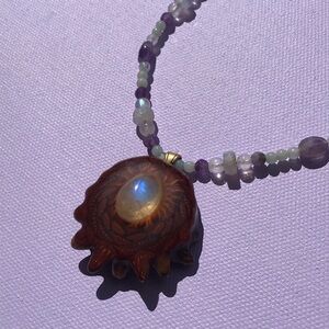 Third Eye Pinecones Moonstone Necklace with Amethyst & Aquamarine